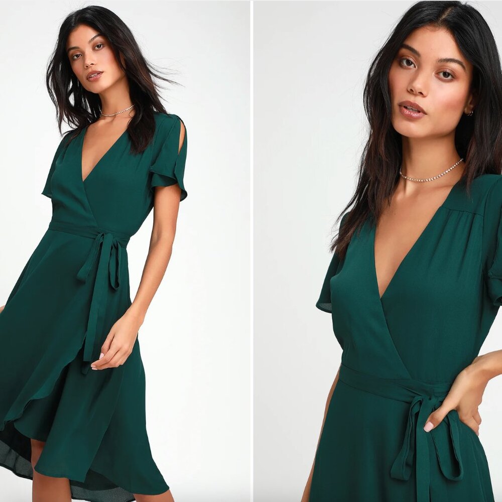 Lulu's Rise to the Occasion Emerald Green Midi Wrap Dress